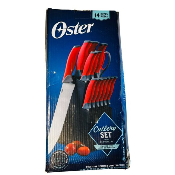 Oster 14-Piece Stainless Steel Cutlery Set With Red Handles & Wood Block - Picture 2 of 8